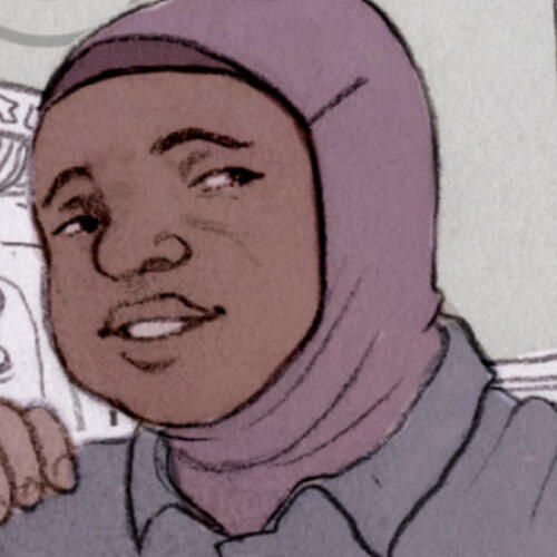 an illustration of Qadira Saifi; a woman in a purple hijab with dark brown skin, smiling gently