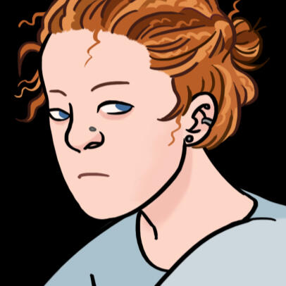 an illustration of Daphne Pike; a white woman with ginger hair and freckles, beaming with an open-mouth smile