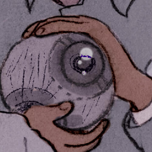 an illustration of one of Rafi's camera drones, a spherical orb with a large camera lens on one side