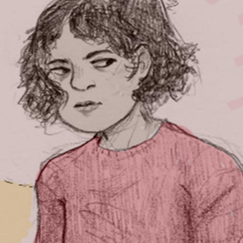 an illustration of Olivia Gorlovich; a young woman with short-cropped curly brown hair and a suspicious expression on her face