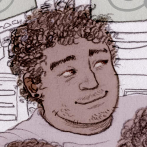 an illustration of Hadriel Braverman; a man with dark curly hair, stubble on his face, pierced ears, and light brown skin, smiling softly