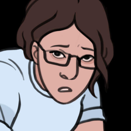 an illustration of Anastasia Xenakis, a white woman with long dark hair and glasses